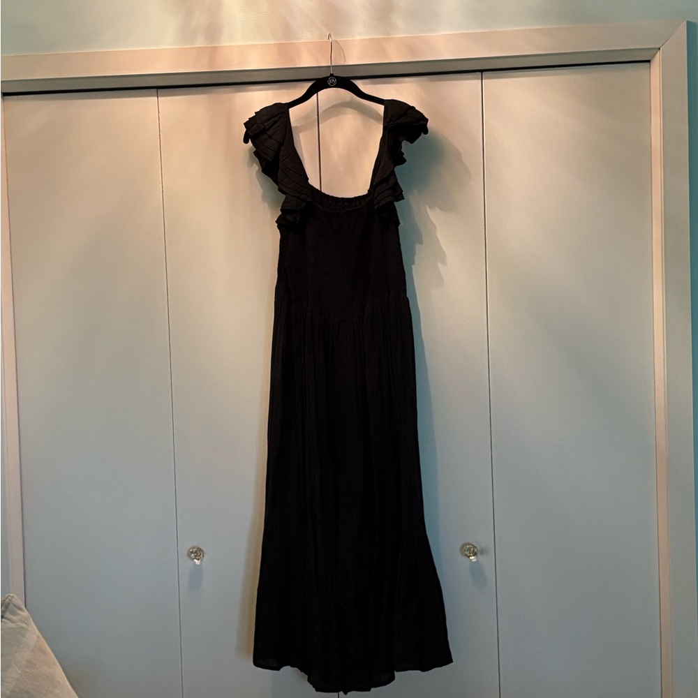 Mille Women's Black Maxi Dress with Ruffle Shoulder Detail